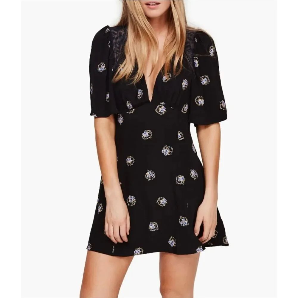 Free People Mockingbird Mesh Inset Mini Dress Women's Size 2 Black and Blue